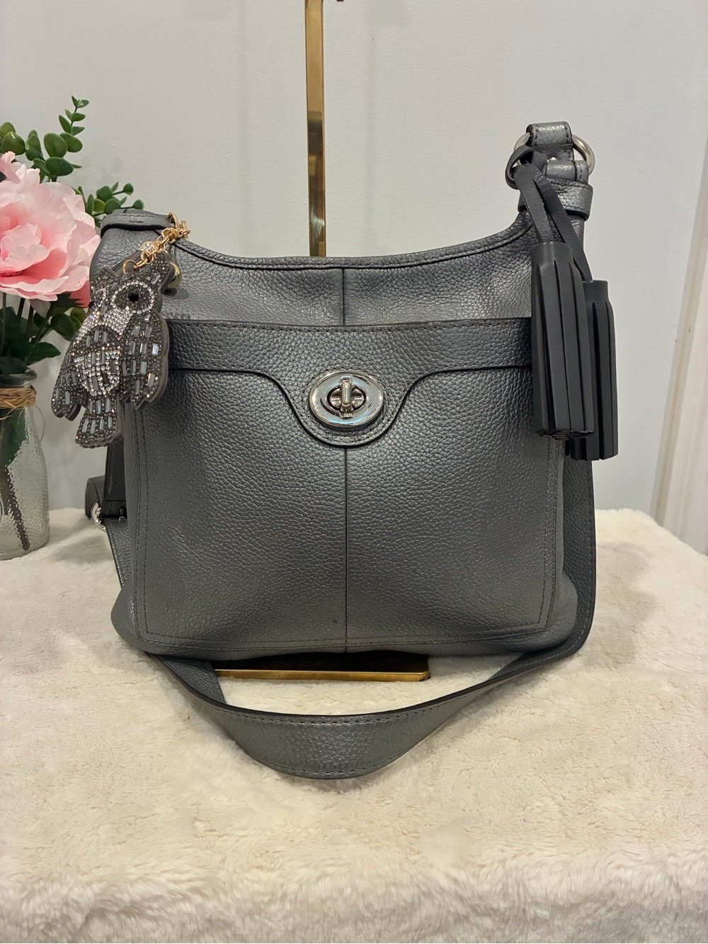 Coach Penelope Gray Pebbled Leather Crossbody with Coach Tassel & Owl Charm